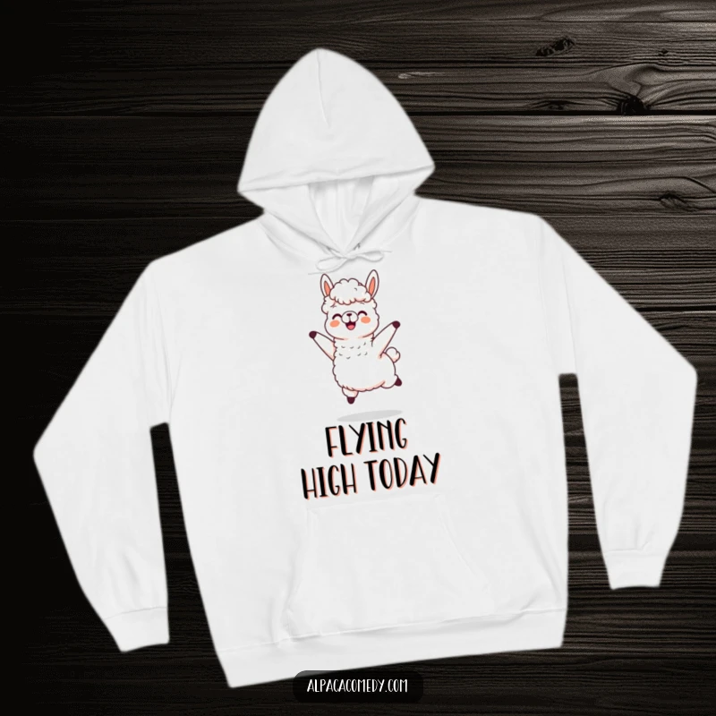 Funny hoodie print of an alpaca character jumping with immense joy, its wool flying dynamically, symbolizing freedom and fun.
