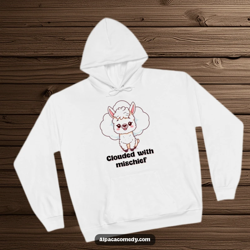 Funny Alpaca Hoodie: A mischievous alpaca hides behind a soft cloud, peeking out with a playful grin, offering cozy fun.