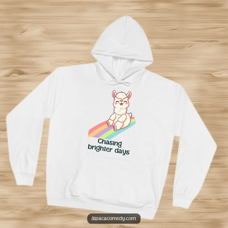 Funny Alpaca Hoodie: A giggling alpaca slides down a rainbow with a wide, excited expression, designed for cozy, humorous enjoyment.