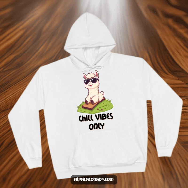 Funny hoodie showcasing a cool alpaca wearing sunglasses, hilariously sliding down a grassy hill, perfect for cozy, chill moments.