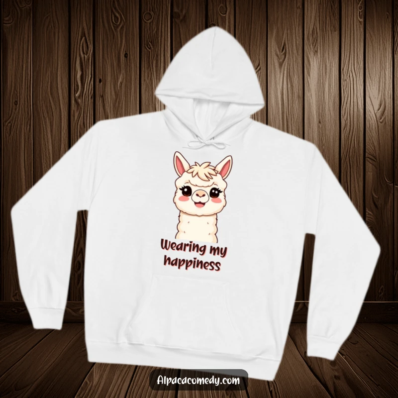 Funny Kawaii Alpaca Hoodie featuring a smiling alpaca with a welcoming head tilt, offering cozy comfort and delightful humorous cheer.