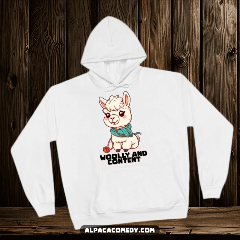 Funny hoodie showcasing a kawaii alpaca hilariously tangled in yarn while grazing, perfect for cozy, crafty moments.