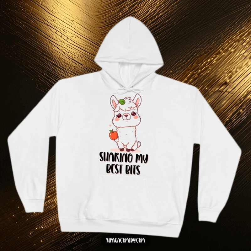 Funny Alpaca Hoodie: A happy alpaca offers a tiny apple with a kind expression, providing cozy comfort and heartwarming vibes.