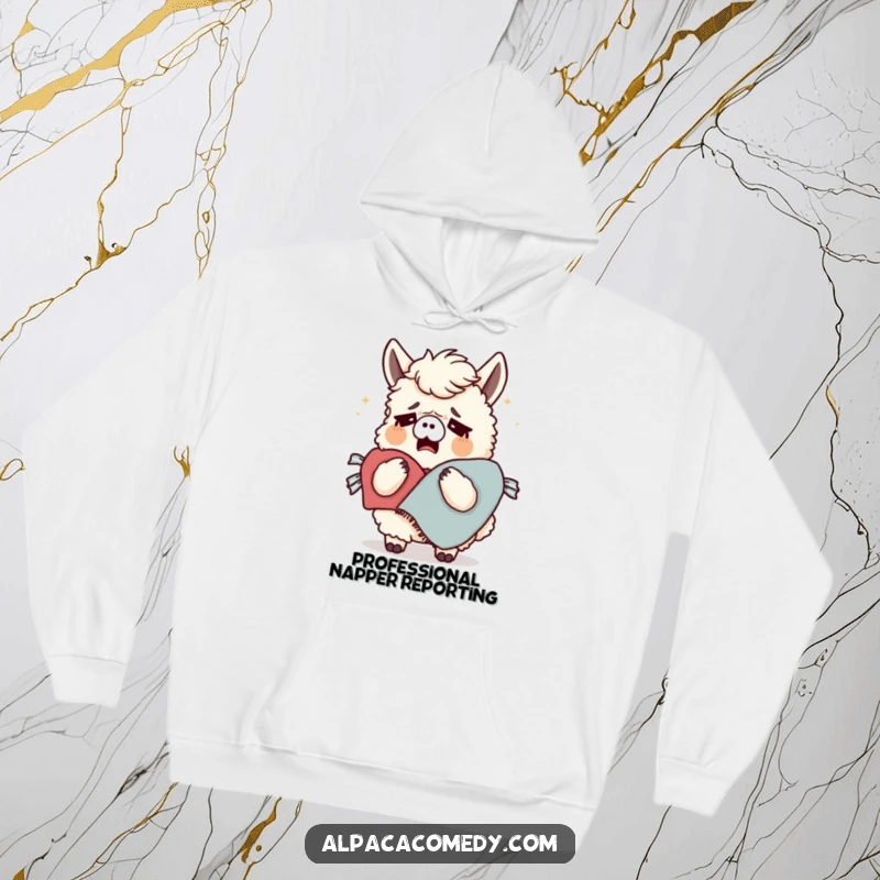 Funny hoodie featuring a deeply tired alpaca yawning immensely while securely holding a warm blanket, ideal for maximizing comfort and relaxation.