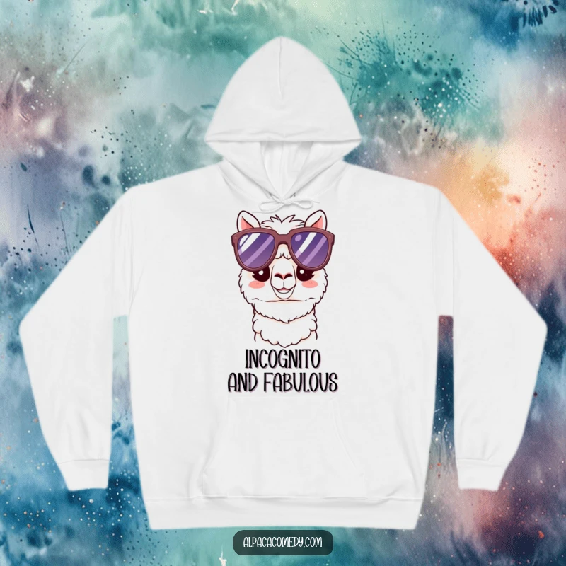 Funny Kawaii Alpaca Hoodie featuring a happy alpaca donned in oversized sunglasses, offering warmth, comfort, and a dose of cool humor.