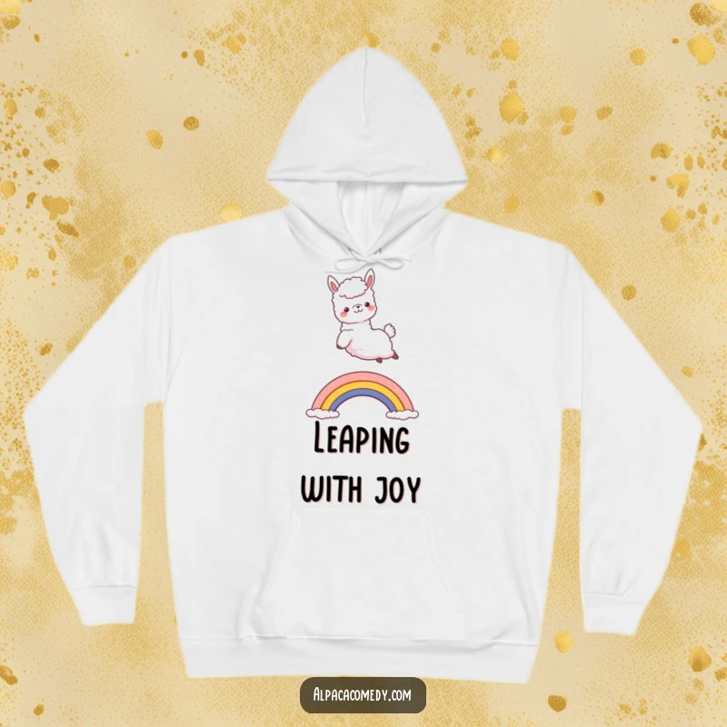 Funny Kawaii Alpaca Hoodie featuring a joyful alpaca mid-leap over a rainbow, offering cozy comfort and delightful humor.