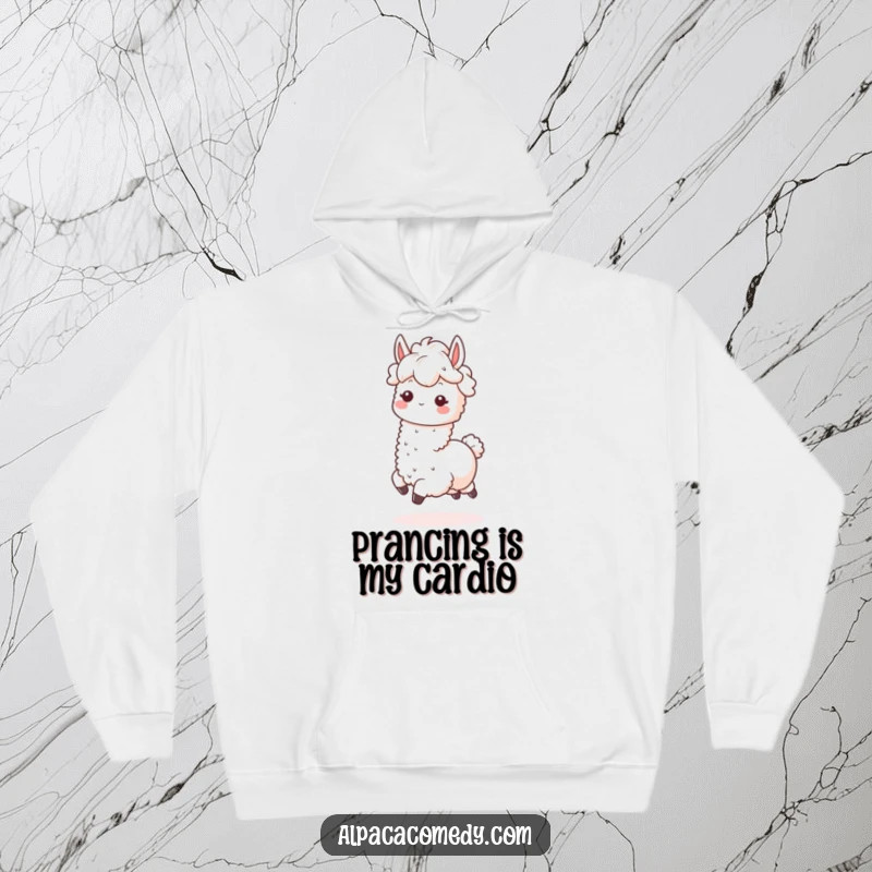 Funny Kawaii Alpaca Hoodie depicting a content alpaca with a fluffy mane, captured mid-prance, offering ultimate comfort.