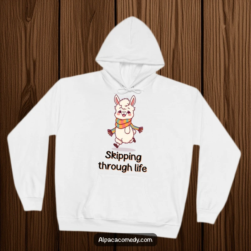 Funny hoodie depicting a playful alpaca character in a vibrant scarf, joyfully skipping, perfect for cozy, cheerful days.