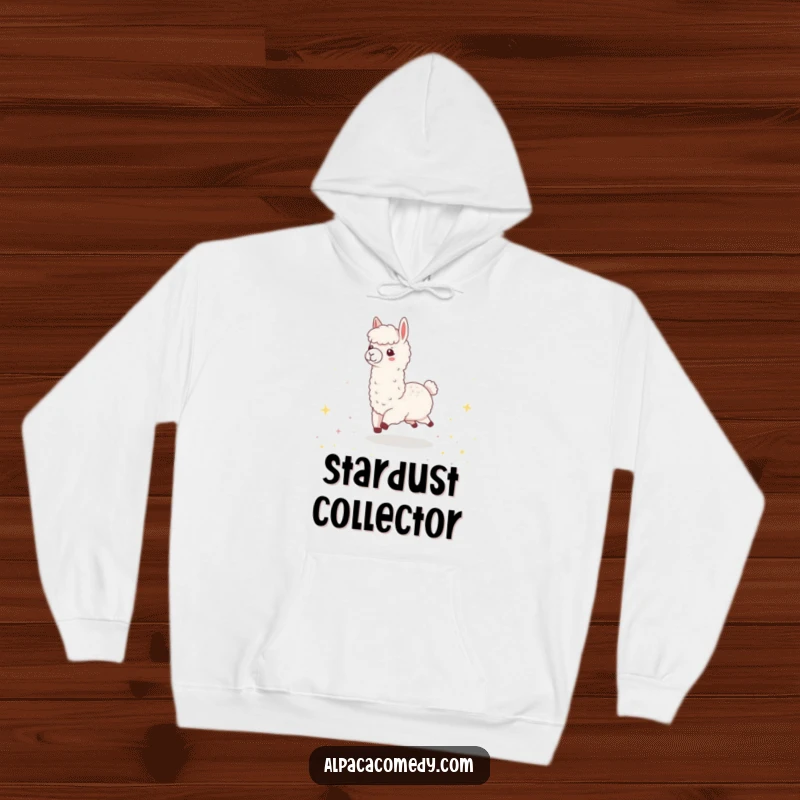 Funny Kawaii Alpaca Hoodie, featuring a happy alpaca skipping through a field of sparkling stars, embodying joy.