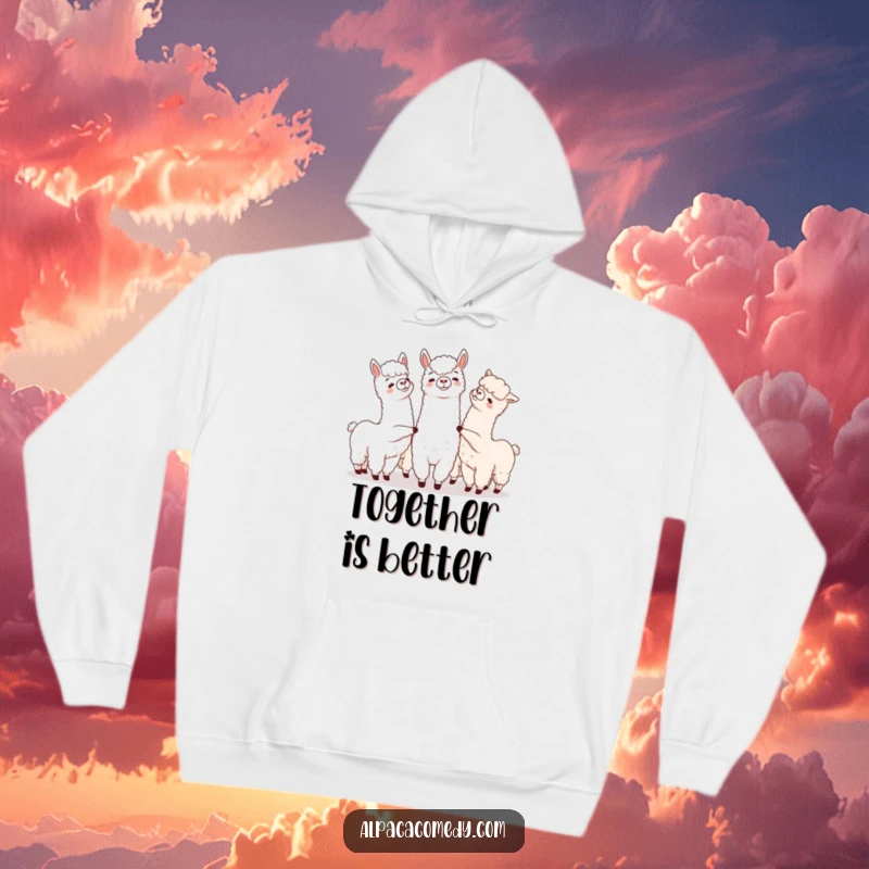 Funny hoodie print of a group of alpacas playfully nudging each other, perfect for cozy moments and expressing camaraderie.