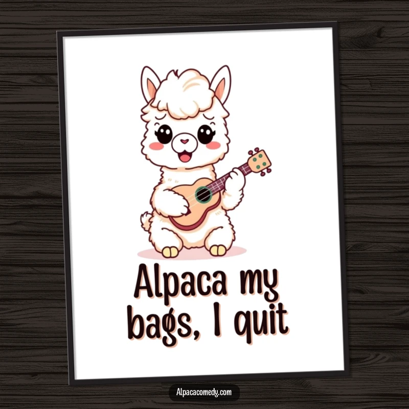 Funny Free Printable Wall Art: a cheerful alpaca happily playing a tiny ukulele with its hooves, creating a joyful atmosphere.