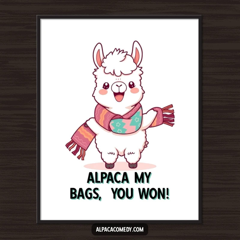 Funny Free Printable Wall Art: A kawaii alpaca confidently showcases a vibrantly colored, hand-woven scarf with immense pride.