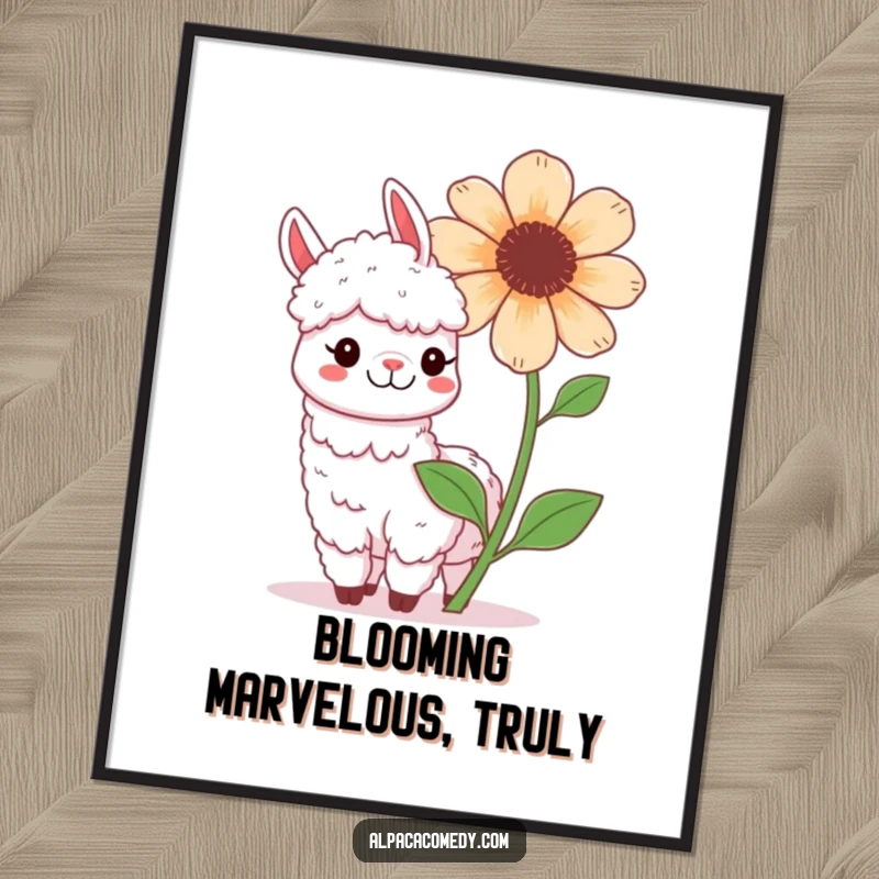 Funny Free Printable Wall Art: A playful kawaii alpaca beams with a grin next to an enormous, blooming flower.