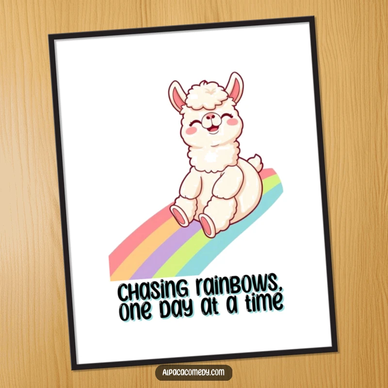 Funny Free Printable Wall Art of a giggling alpaca sliding down a rainbow with a wide, thrilled expression.