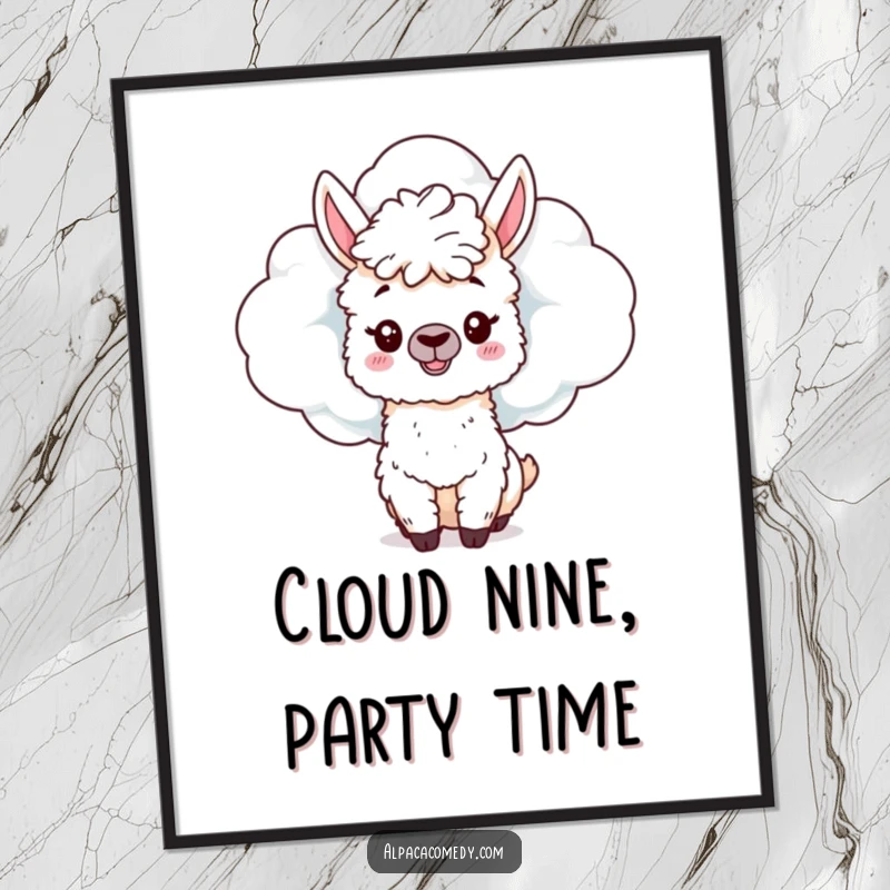 Funny Free Printable Wall Art: a mischievous alpaca hiding behind a large fluffy cloud, playfully peeking out with a cheeky grin.