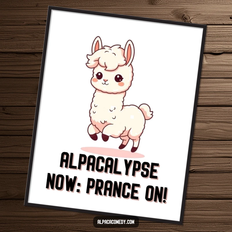 Funny Free Printable Wall Art: A kawaii alpaca with fluffy mane prances with joy, whimsical downloadable decor.