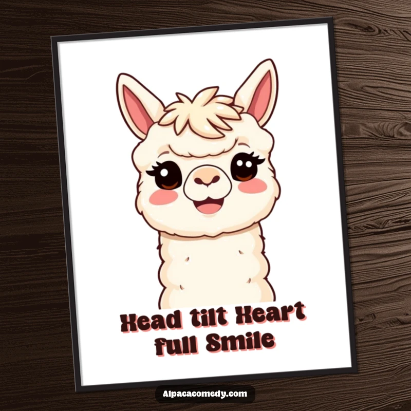 Funny Free Printable Wall Art: A kawaii alpaca offers a huge, welcoming smile with a head tilt, friendly downloadable decor.
