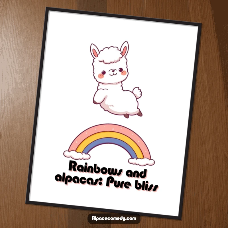 Funny Free Printable Wall Art: A kawaii alpaca leaps joyfully over a vibrant rainbow, whimsical downloadable decor.
