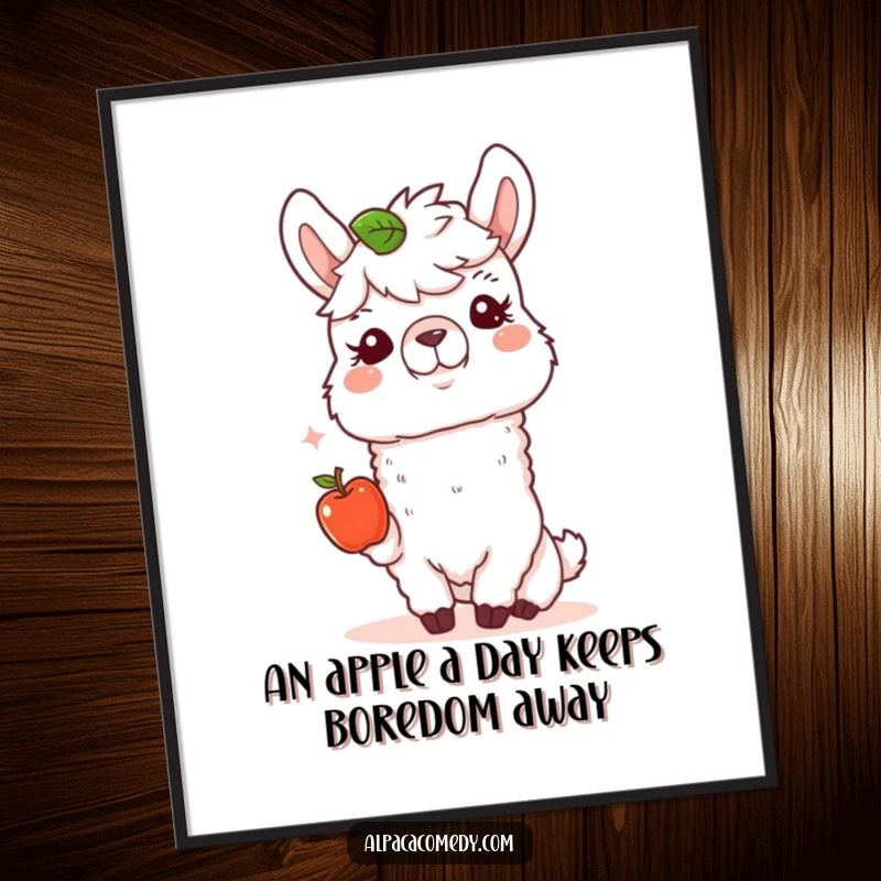 Funny Free Printable Wall Art: a happy alpaca with a kind, gentle expression offering a single, freshly picked tiny apple.