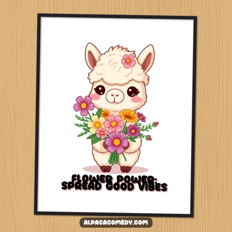Funny Free Printable Wall Art: A smiling alpaca proudly presents a colorful bouquet of vibrant flowers, radiating happiness.