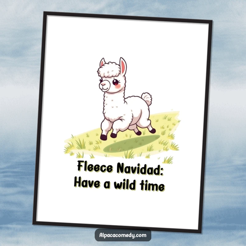 Funny Free Printable Wall Art: An alpaca joyfully galloping through a grassy field with its fleece blowing in the wind.