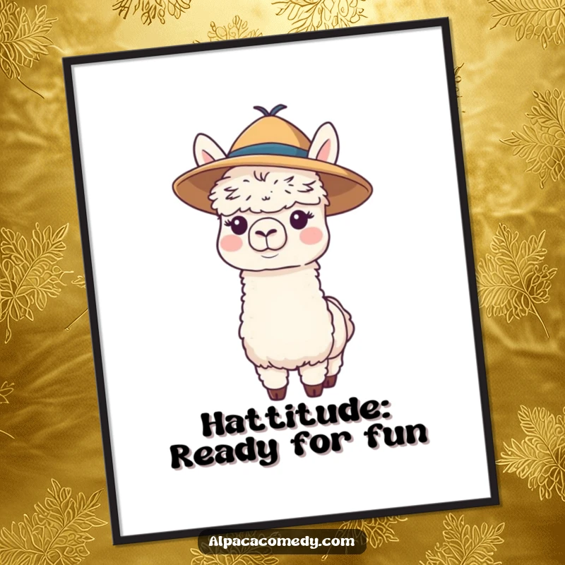 Funny Free Printable Wall Art: A playful alpaca wearing a large, floppy hat and wiggling its nose with a cheeky grin.
