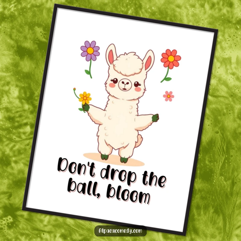 Funny Free Printable Wall Art of a kawaii alpaca performing a skillful juggling act with three colorful flowers.