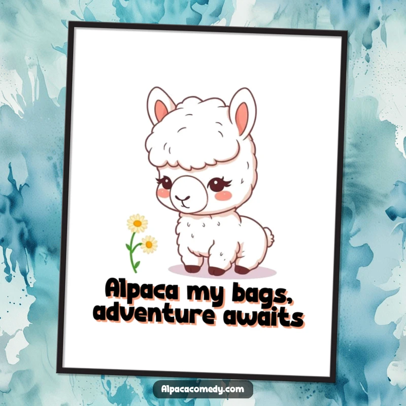 Funny Free Printable Wall Art of a kawaii alpaca intensely inspecting a tiny daisy, full of curiosity.