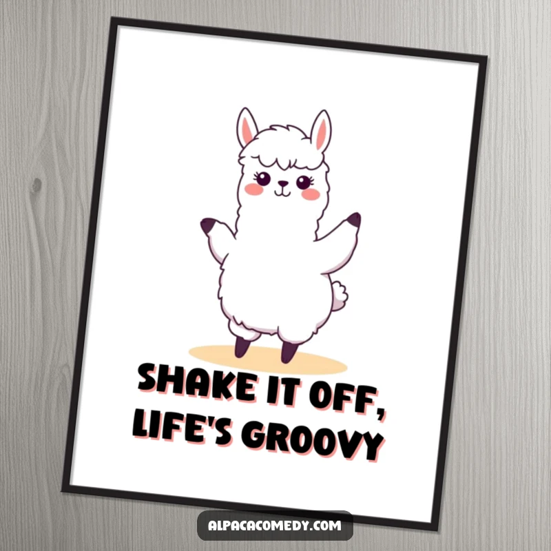 Funny Free Printable Wall Art of a kawaii alpaca captured mid-performance in a silly, swaying dance.