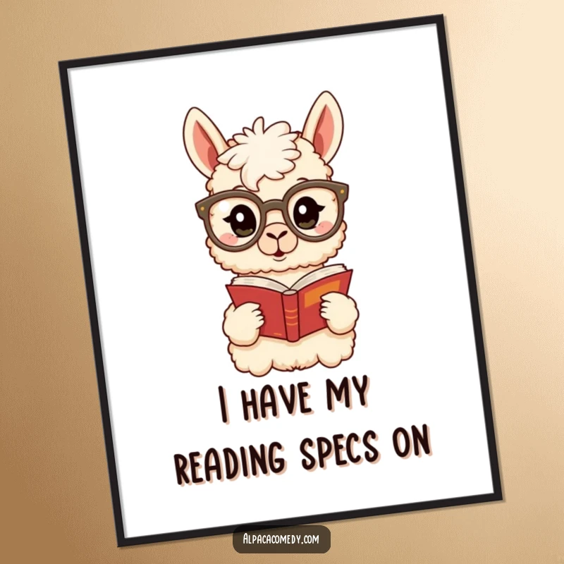 Funny Free Printable Wall Art: a surprised alpaca with oversized spectacles intently reading a book, adding intellectual humor.