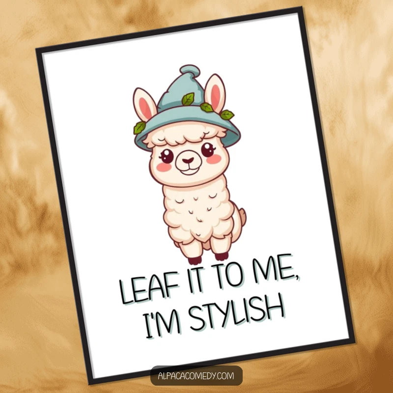Funny Free Printable Wall Art of a kawaii alpaca looking charming in a tiny hat adorned with fresh green leaves.