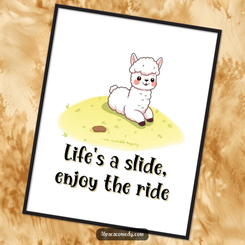 Funny Free Printable Wall Art depicting a kawaii alpaca hilariously sliding down a gentle grassy hill with abandon.
