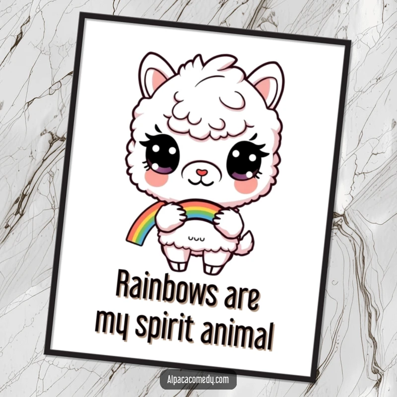 Free Printable Wall Art: An alpaca with curious eyes gently holding a vibrant rainbow, perfect for adding a magical touch.