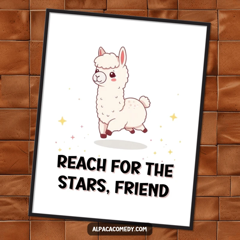 Funny Free Printable Wall Art: A kawaii alpaca gleefully skips through a field of sparkling, tiny stars.