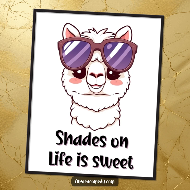 Funny Free Printable Wall Art: Kawaii alpaca wearing oversized sunglasses, looking super cool and happy, downloadable decor.