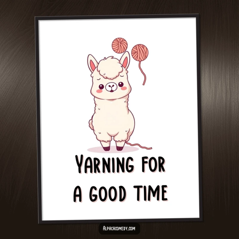 Funny Free Printable Wall Art: A kawaii alpaca playfully tossing a ball of yarn in the air, whimsical downloadable decor.