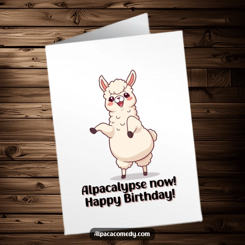 Funny Free Printable Birthday Card featuring a cheerful alpaca doing a cartwheel with legs kicking joyfully upwards.