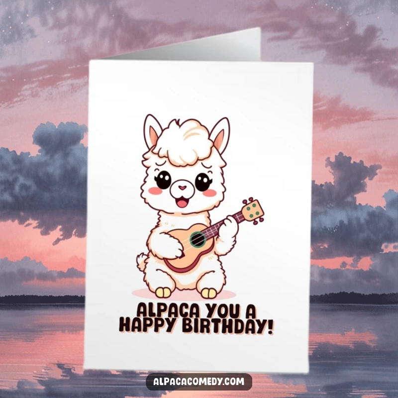 Funny Free Printable Birthday Card of a cheerful alpaca strumming a tiny ukulele with its hooves, spreading musical joy.