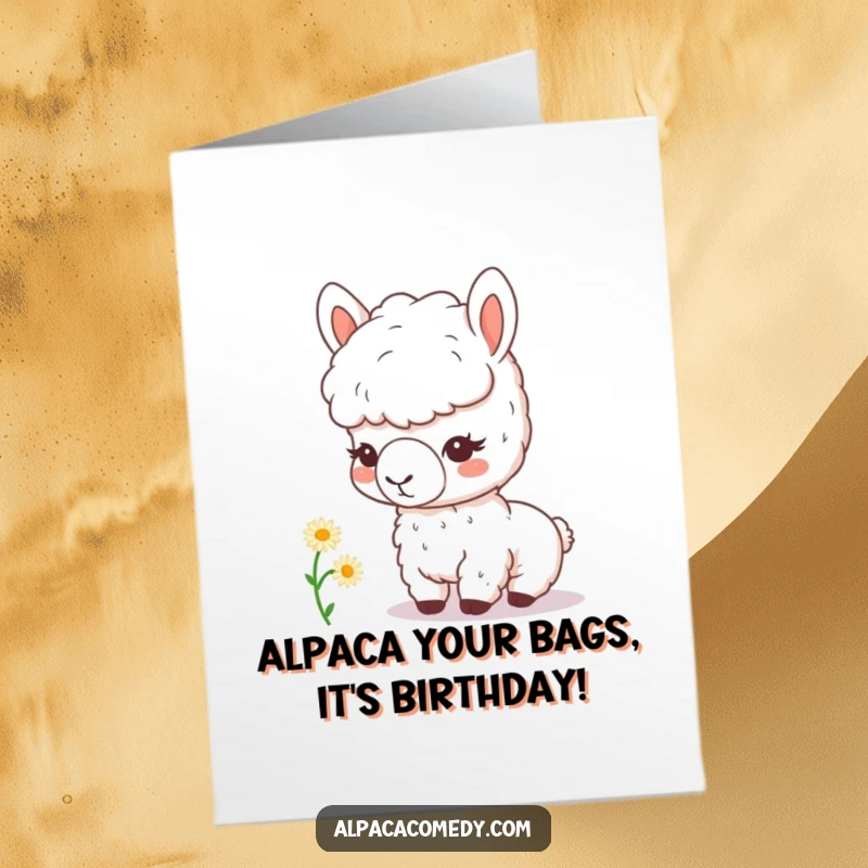 Funny Free Printable Birthday Card featuring a kawaii alpaca curiously inspecting a tiny daisy, bringing smiles.