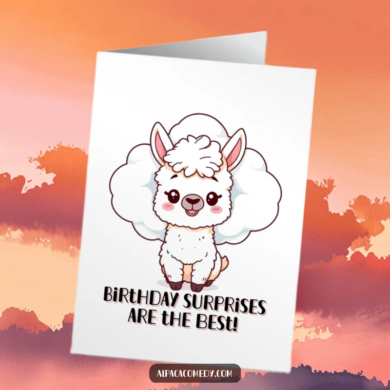 Funny Free Printable Birthday Card: a mischievous alpaca peeking playfully from behind a large, fluffy cloud.