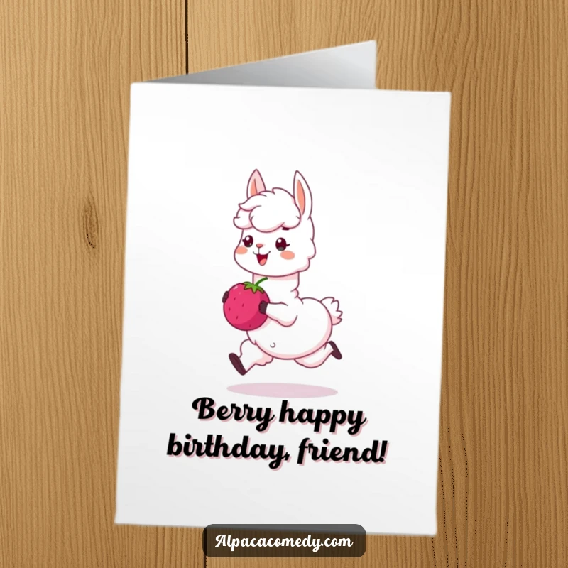Funny Free Printable Alpaca Birthday Card: A cheerful alpaca skips with a giant berry, spreading birthday cheer. Perfect downloadable gift.