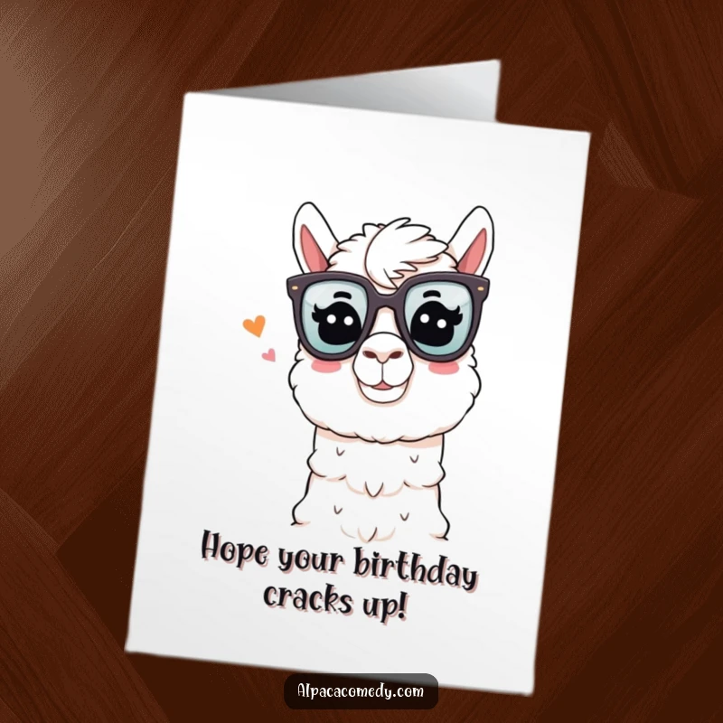 Funny Free Printable Birthday Card: an alpaca in oversized comedy glasses winks while telling a joke.