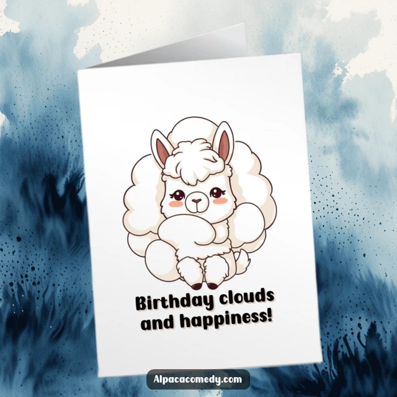 Free Printable Birthday Card: Kawaii alpaca with a gentle expression curiously nuzzling a giant, fluffy cloud in a serene scene.