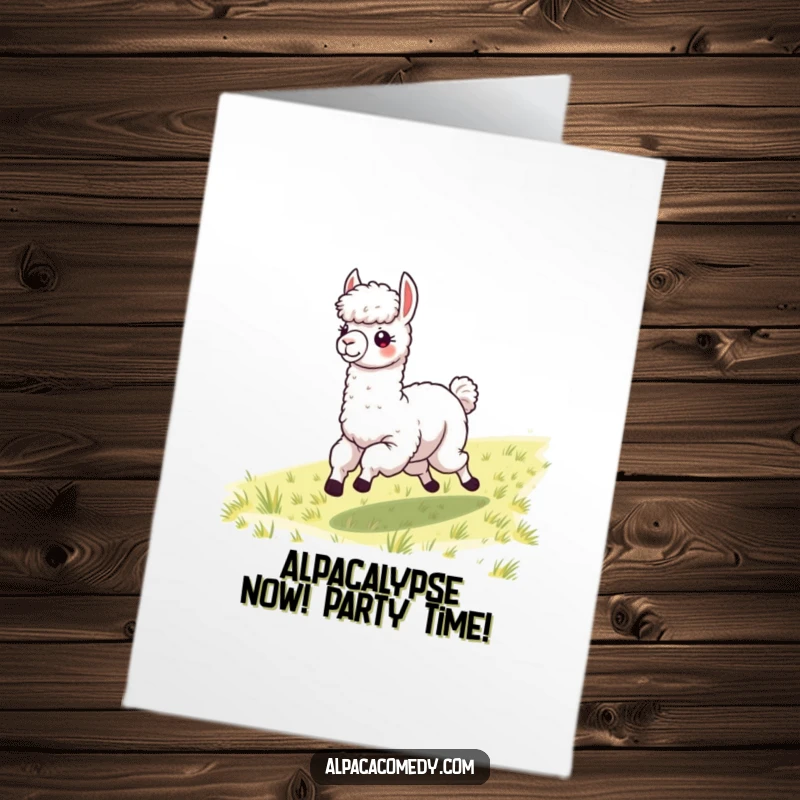 Funny Free Printable Birthday Card: Excited alpaca galloping with windblown fleece, radiating pure joy and birthday cheer.