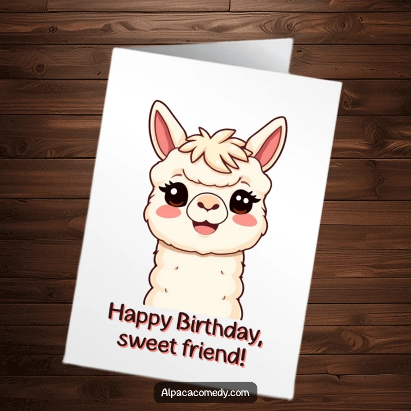 Funny Free Printable Birthday Card: Kawaii alpaca with a huge, welcoming smile and head tilt, conveying warmth, downloadable.