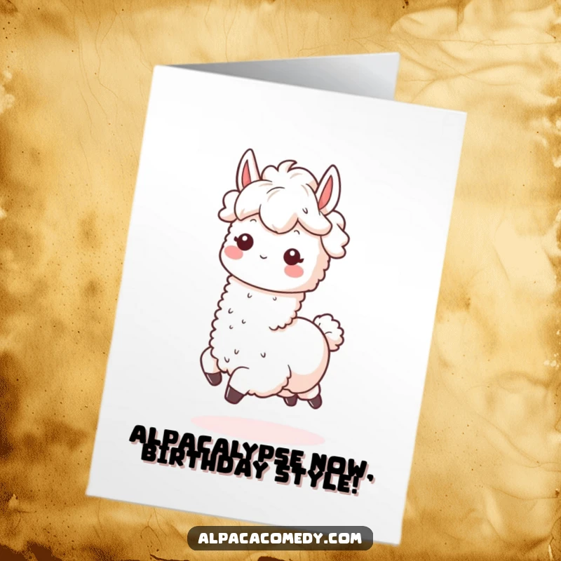Funny Free Printable Birthday Card of a happy kawaii alpaca prancing with a big smile and fluffy mane.