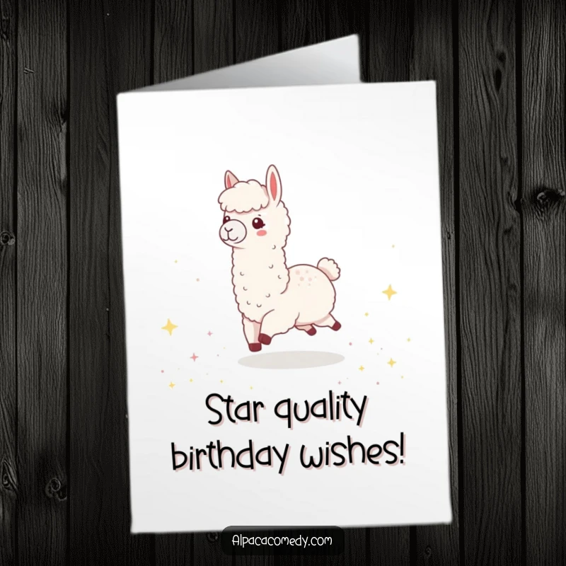 Funny Free Printable Birthday Card: A kawaii alpaca happily skips through a magical field filled with sparkling stars.
