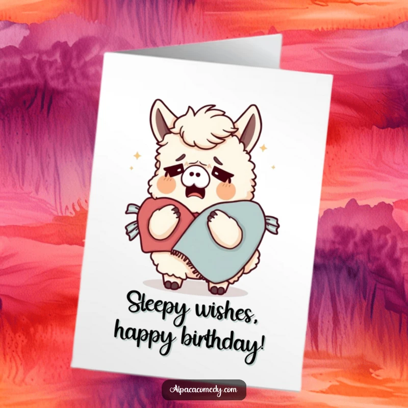 Funny Free Printable Birthday Card: A tired alpaca yawning widely, clutching a cozy blanket. Perfect for wishing someone a sleepy day.