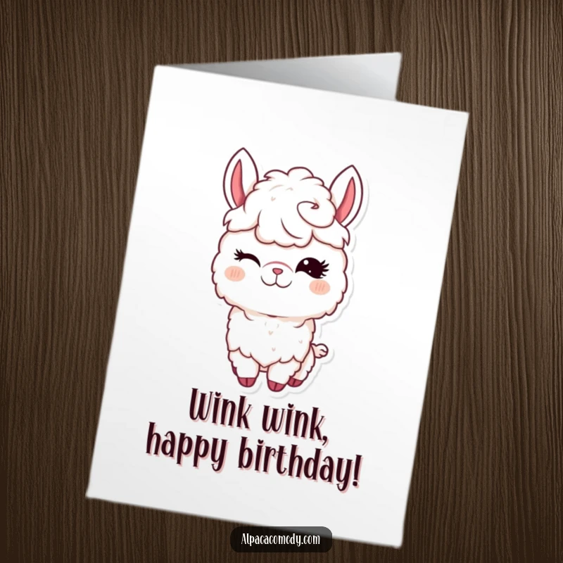 Funny Free Printable Birthday Card of a kawaii alpaca winking playfully with its long, fluttering eyelashes.