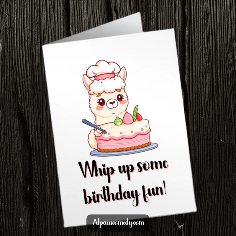Funny Free Printable Chef Alpaca Birthday Card: Alpaca in chef hat decorating a cake, a sweet and humorous birthday greeting, print at home.